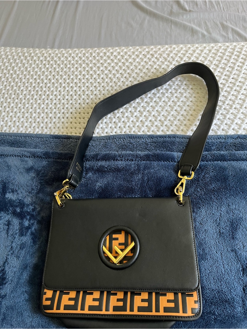 Fendi Black Leather Shoulder Bag with Orange FF Logo Accents